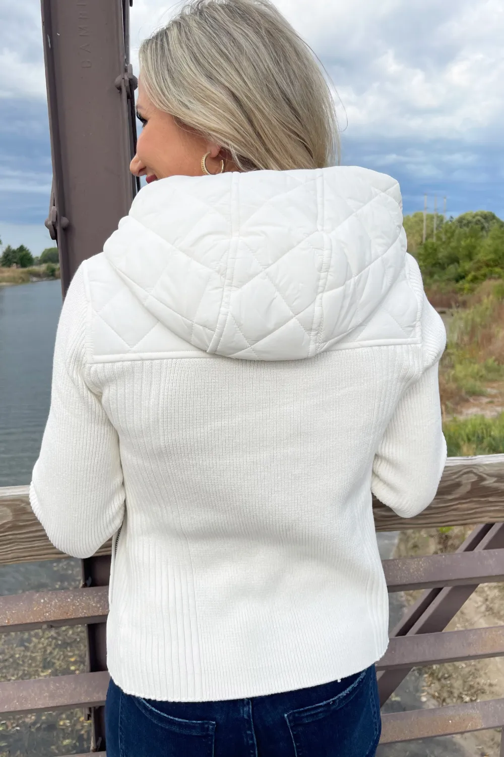Long Sleeve Quilted Front Full Zip Hooded Jacket