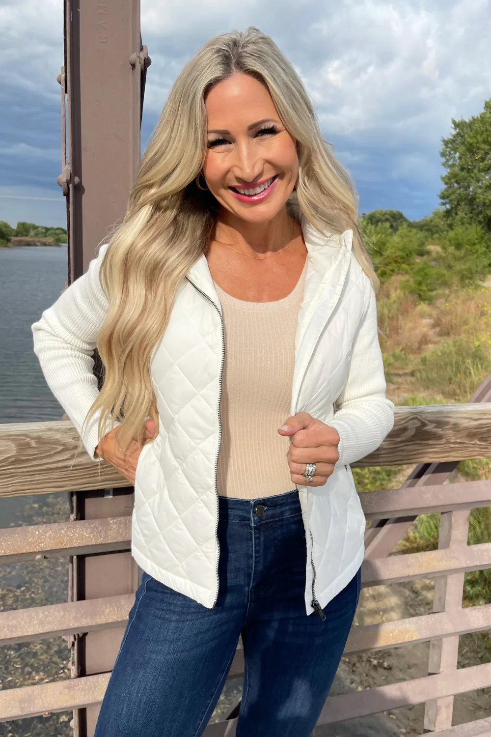 Long Sleeve Quilted Front Full Zip Hooded Jacket