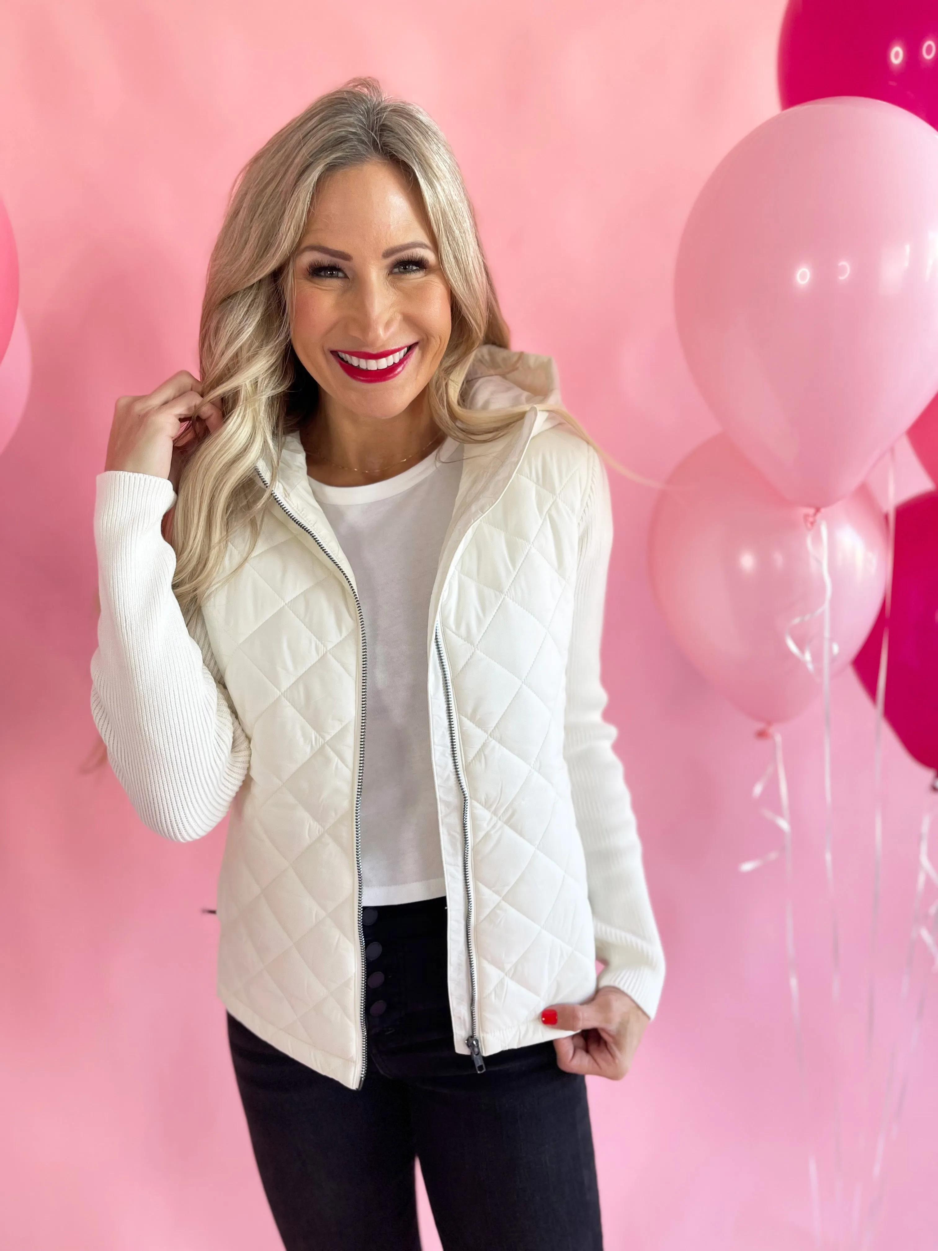 Long Sleeve Quilted Front Full Zip Hooded Jacket