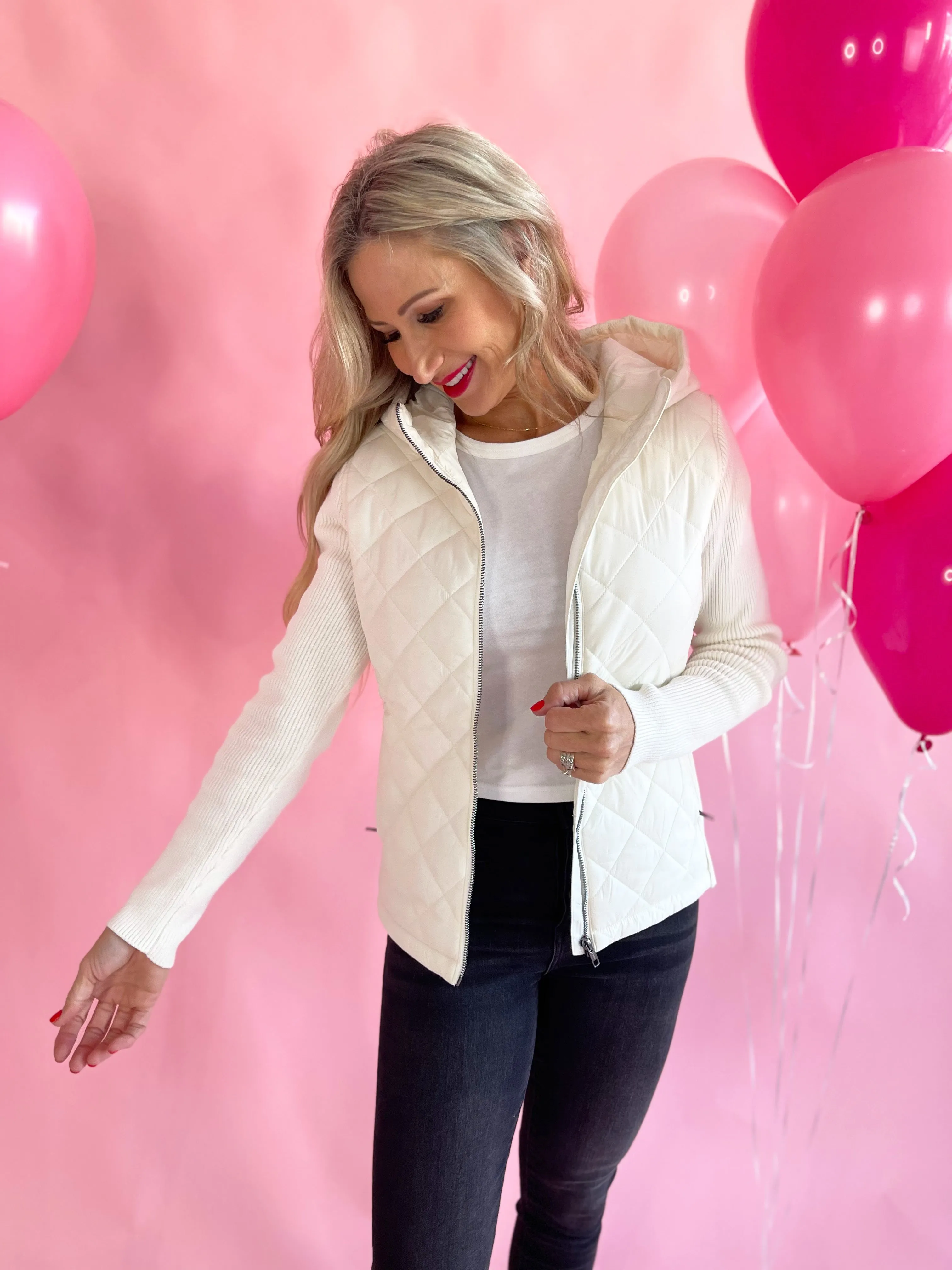 Long Sleeve Quilted Front Full Zip Hooded Jacket