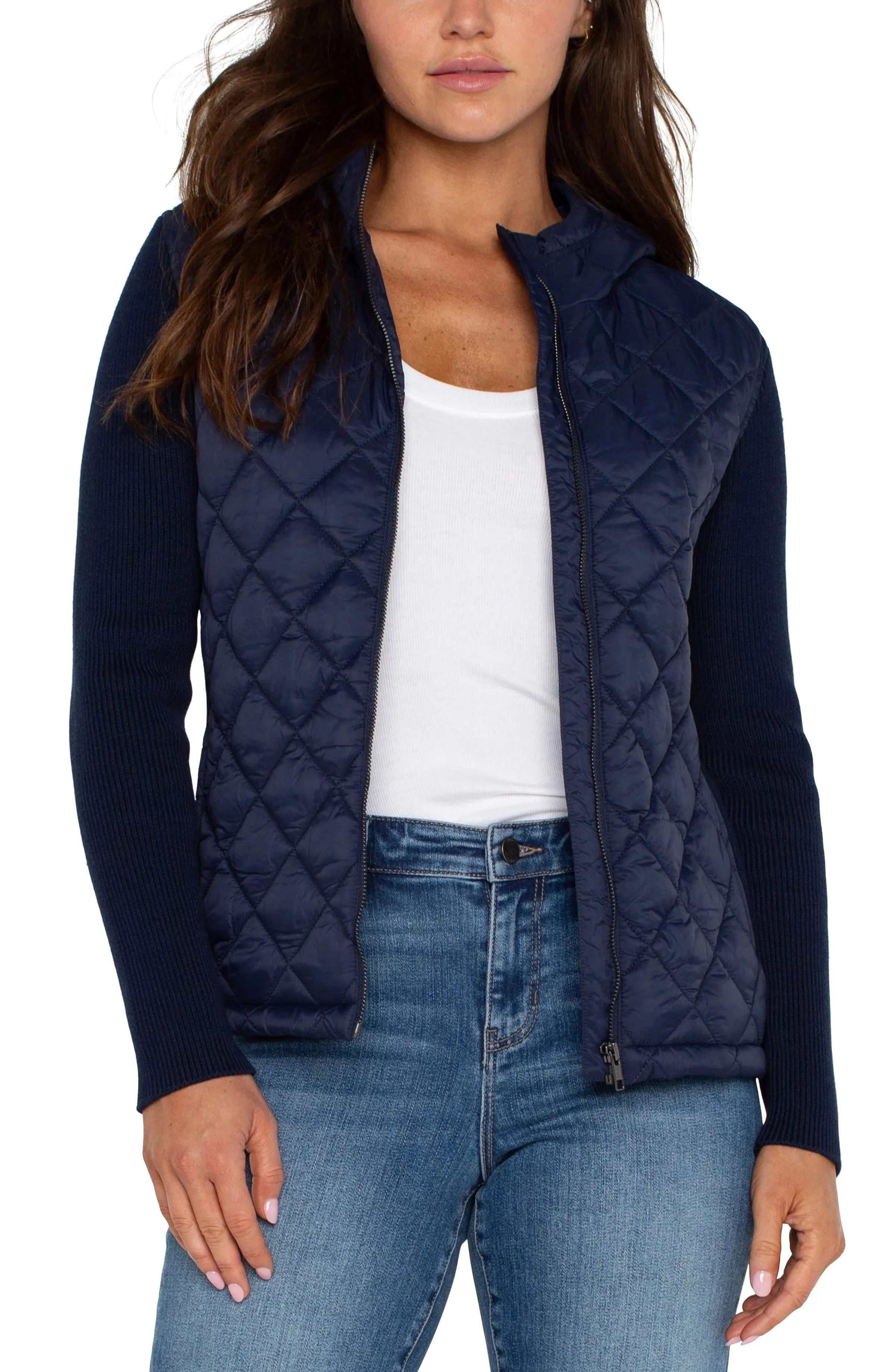 Long Sleeve Quilted Front Full Zip Hooded Jacket