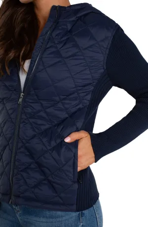 Long Sleeve Quilted Front Full Zip Hooded Jacket