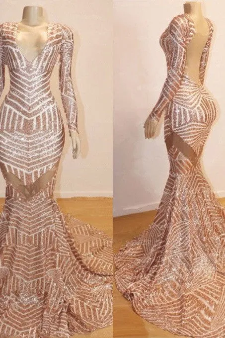 Long Sleeves V-neck Mermaid Prom Dress Sequins Long Chiffon