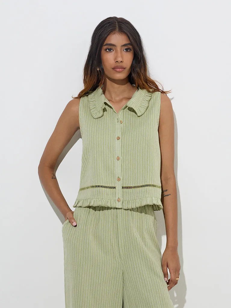 LOV Sage Stripe Printed Cotton-Blend Top