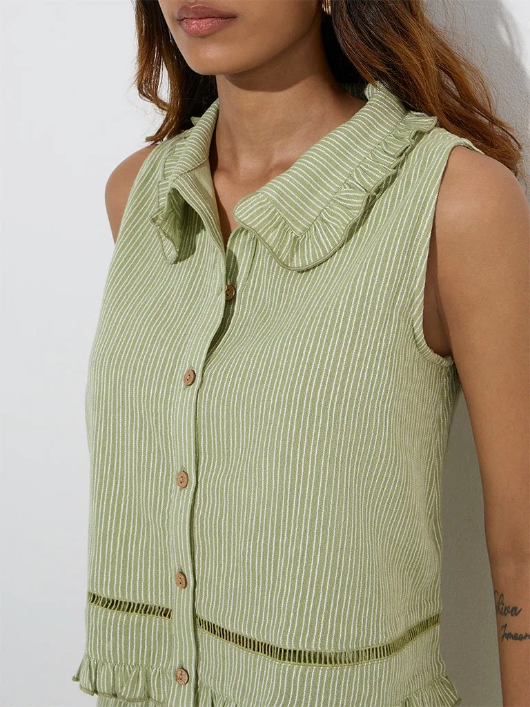 LOV Sage Stripe Printed Cotton-Blend Top
