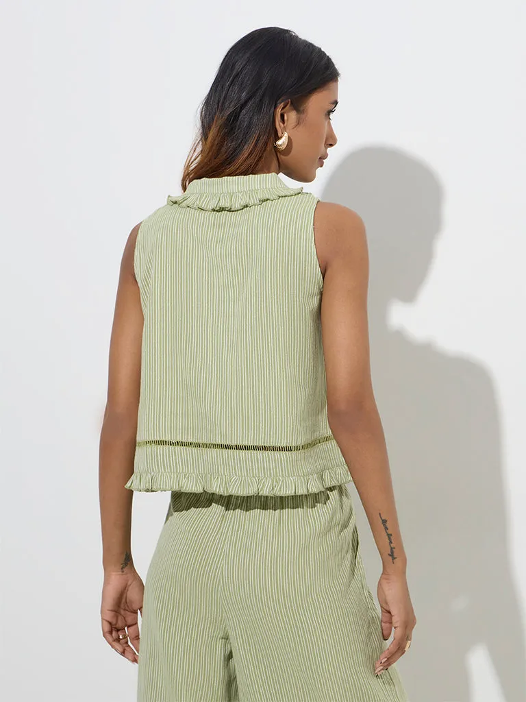 LOV Sage Stripe Printed Cotton-Blend Top