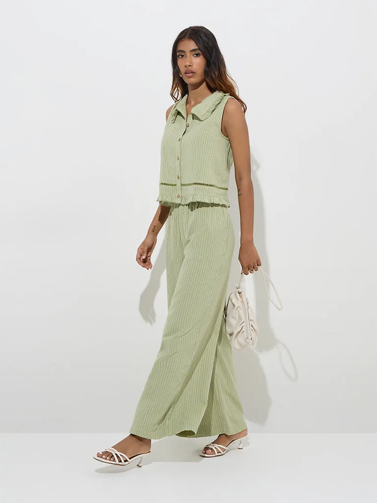 LOV Sage Stripe Printed Cotton-Blend Top