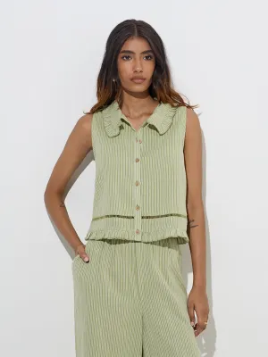 LOV Sage Stripe Printed Cotton-Blend Top