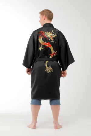 Men Flare Dragon Polyester Short Kimono