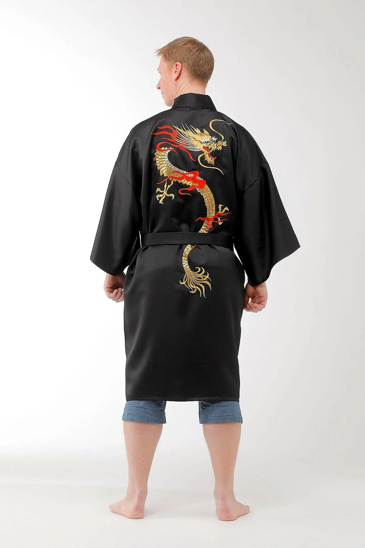 Men Flare Dragon Polyester Short Kimono