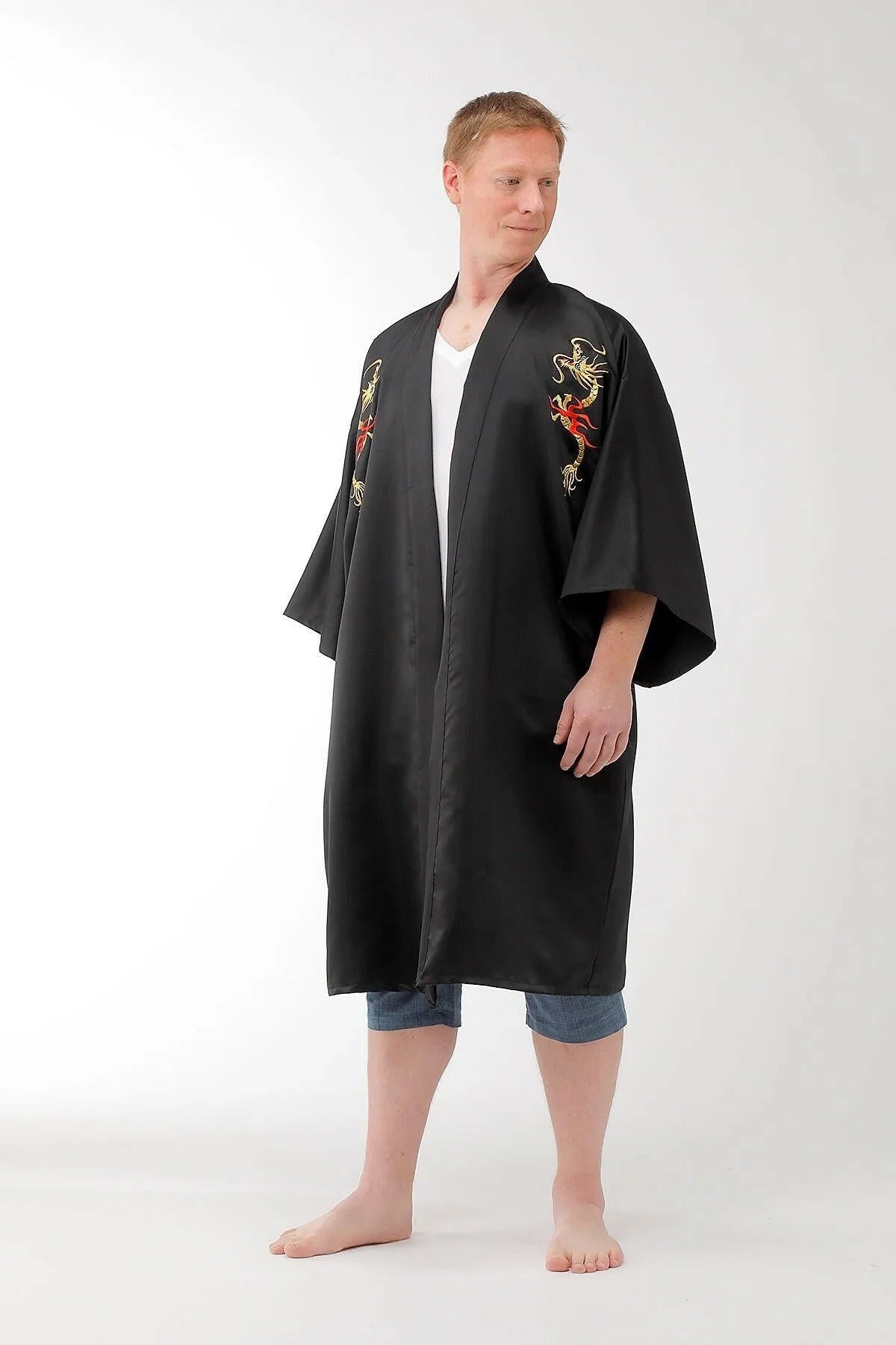 Men Flare Dragon Polyester Short Kimono