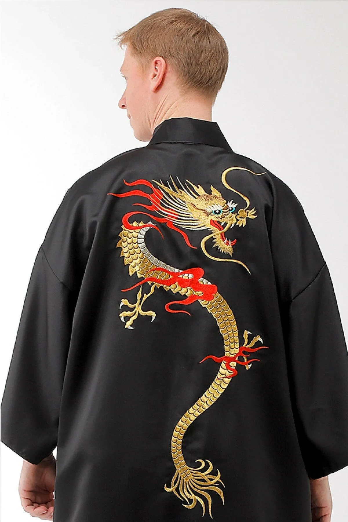 Men Flare Dragon Polyester Very Short Kimono