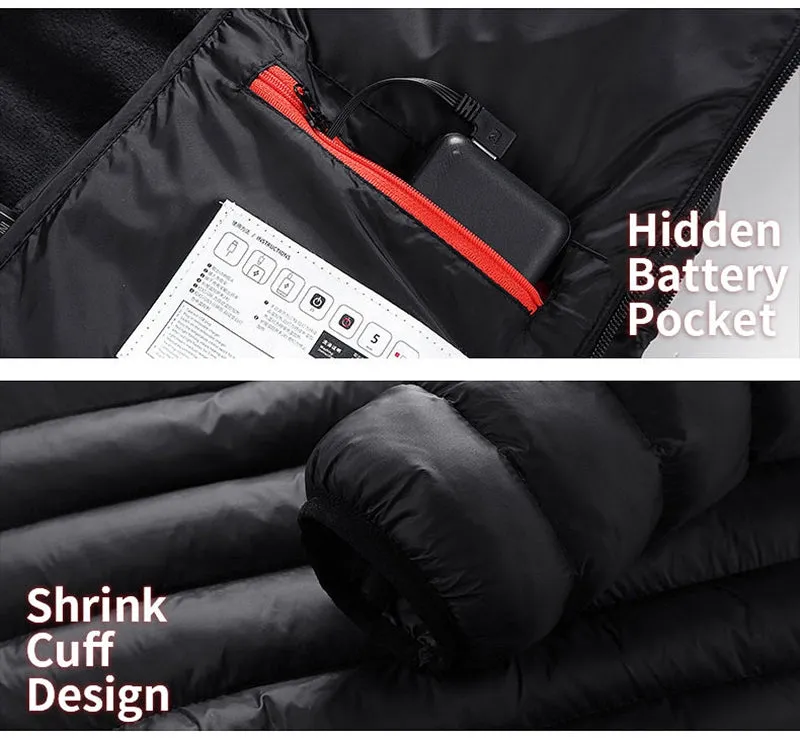 Men Windproof Zipper Winter Hooded Pockets Puffer  Usb Heated Jacket