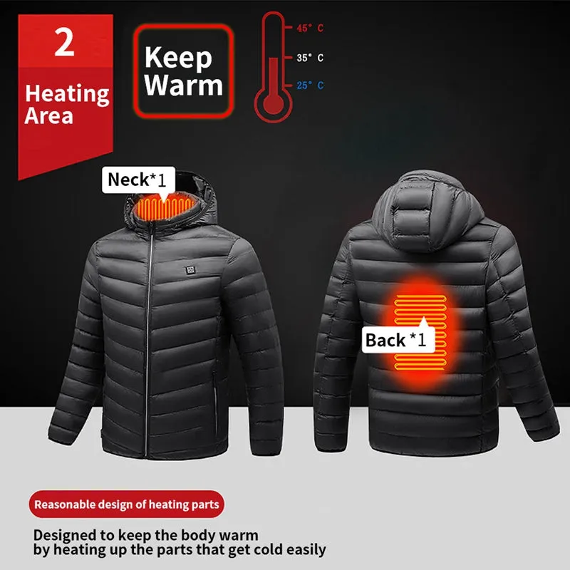 Men Windproof Zipper Winter Hooded Pockets Puffer  Usb Heated Jacket