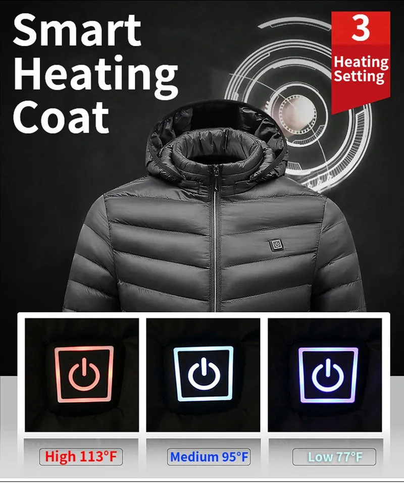 Men Windproof Zipper Winter Hooded Pockets Puffer  Usb Heated Jacket
