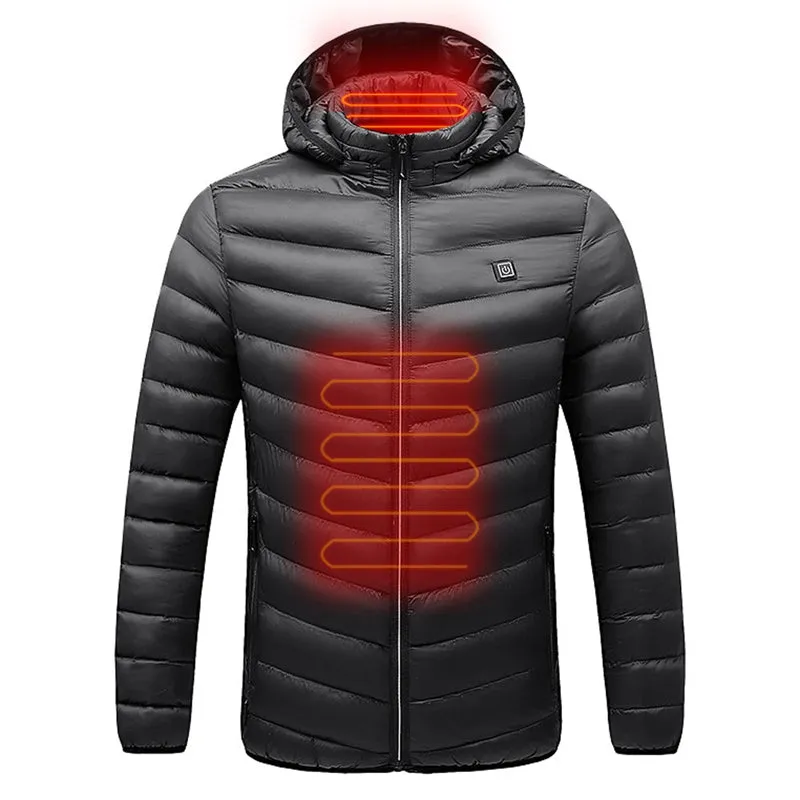Men Windproof Zipper Winter Hooded Pockets Puffer  Usb Heated Jacket