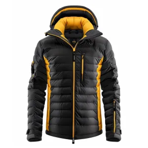 Mens Puffer Jacket with Hood Hip-Length Puffer Yellow Lightweight Quilted Patterns Removable Hood Multiple Pockets Mens Puffer Jacket