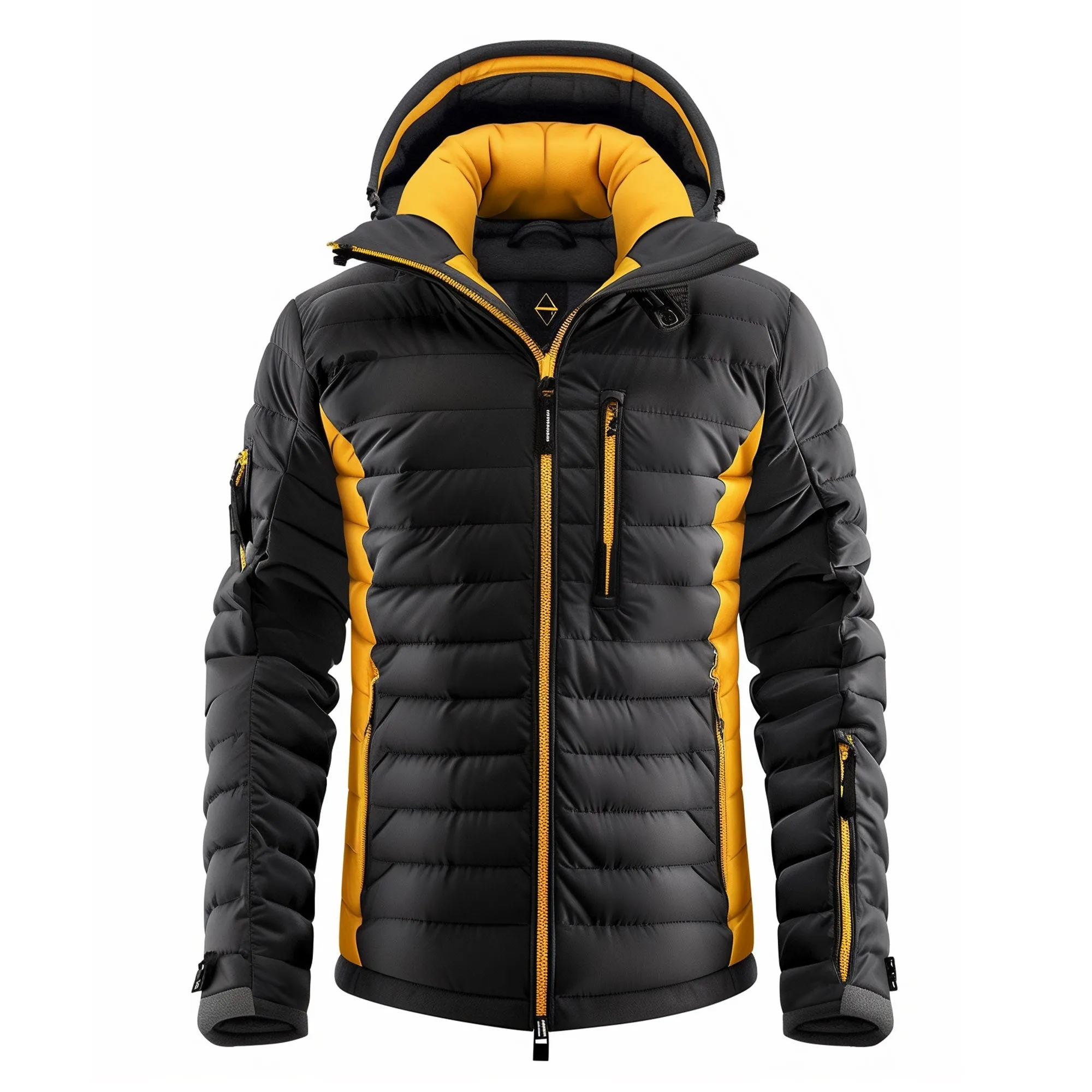 Mens Puffer Jacket with Hood Hip-Length Puffer Yellow Lightweight Quilted Patterns Removable Hood Multiple Pockets Mens Puffer Jacket