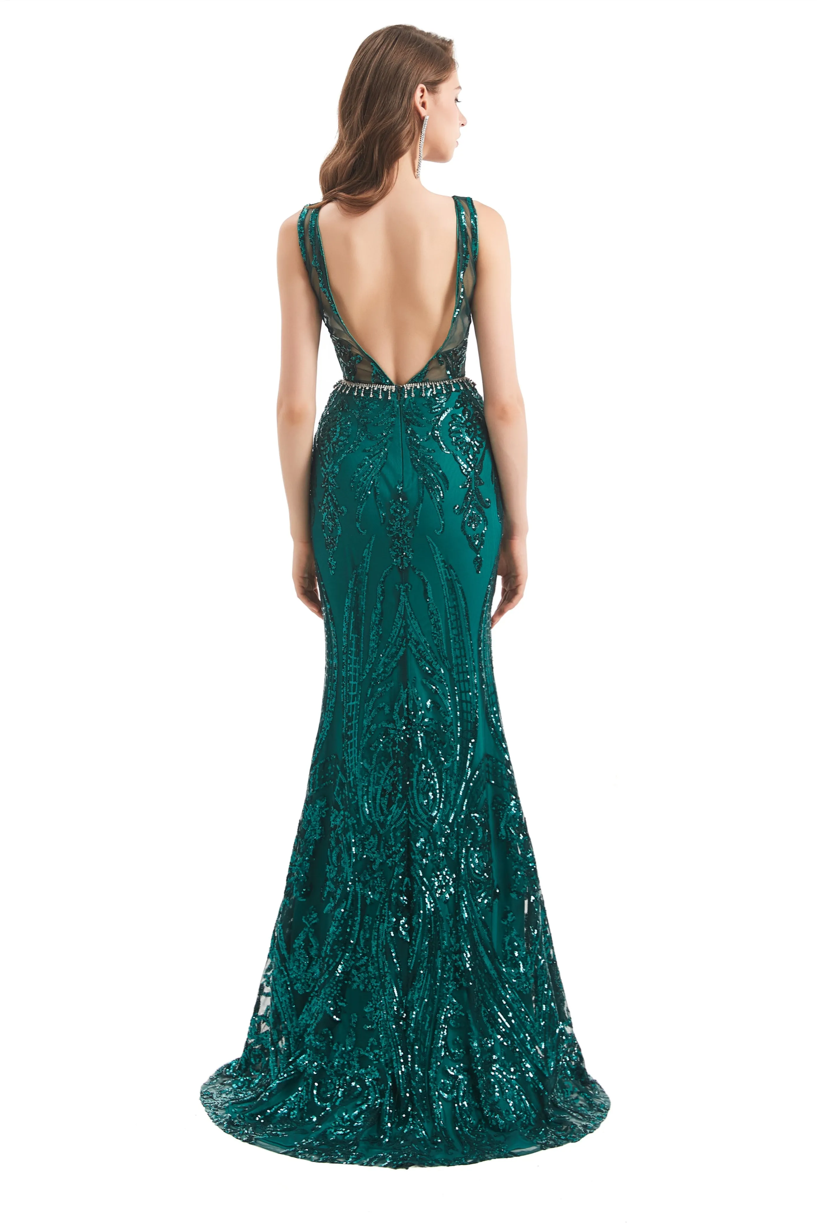 Mermaid Round Beaded Sleeveless Lace Sequined Floor-length Open Back Prom Dress