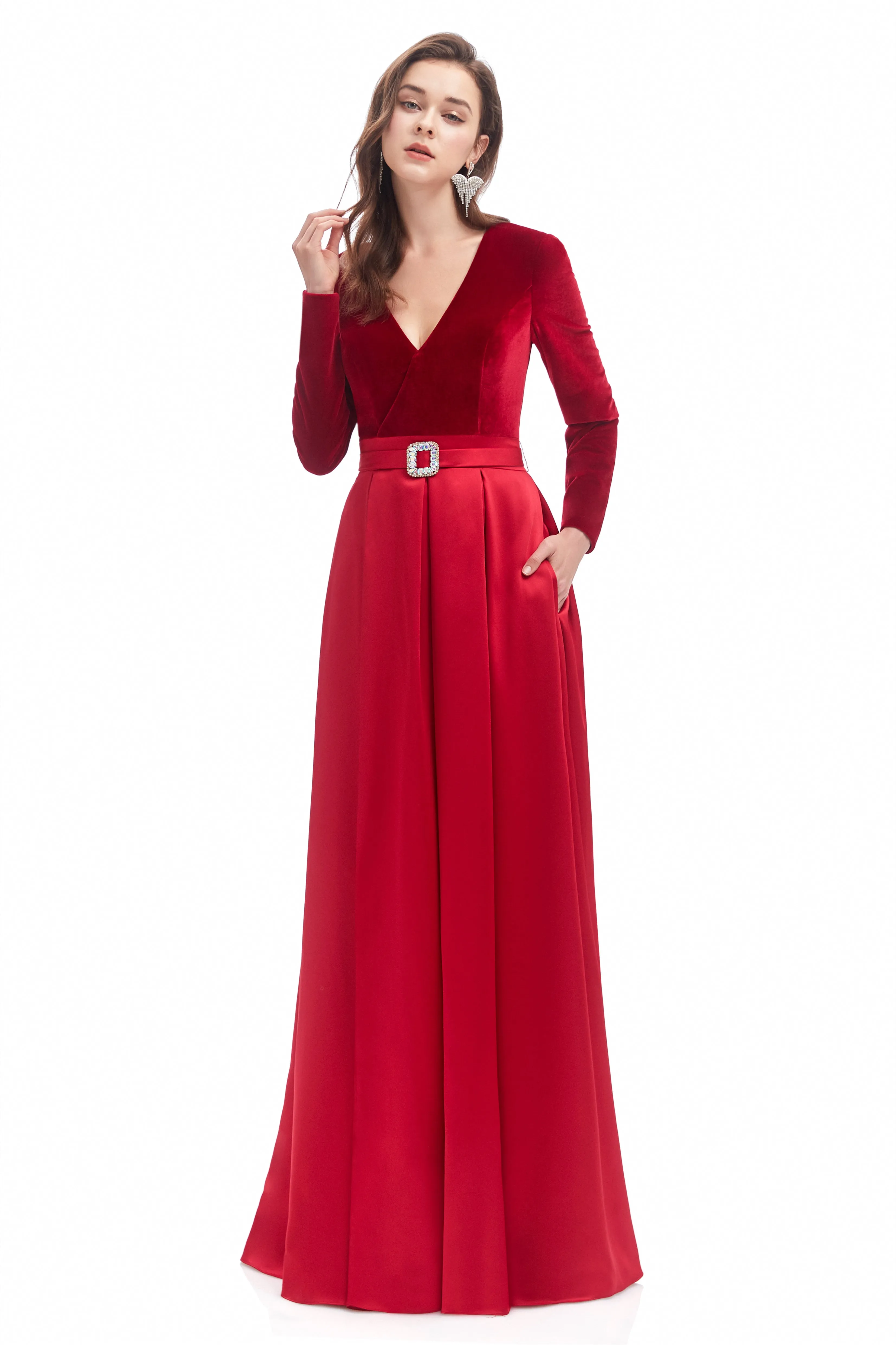 Mermaid V-neck High Split Floor-length Long Sleeve Open Back Prom Dress