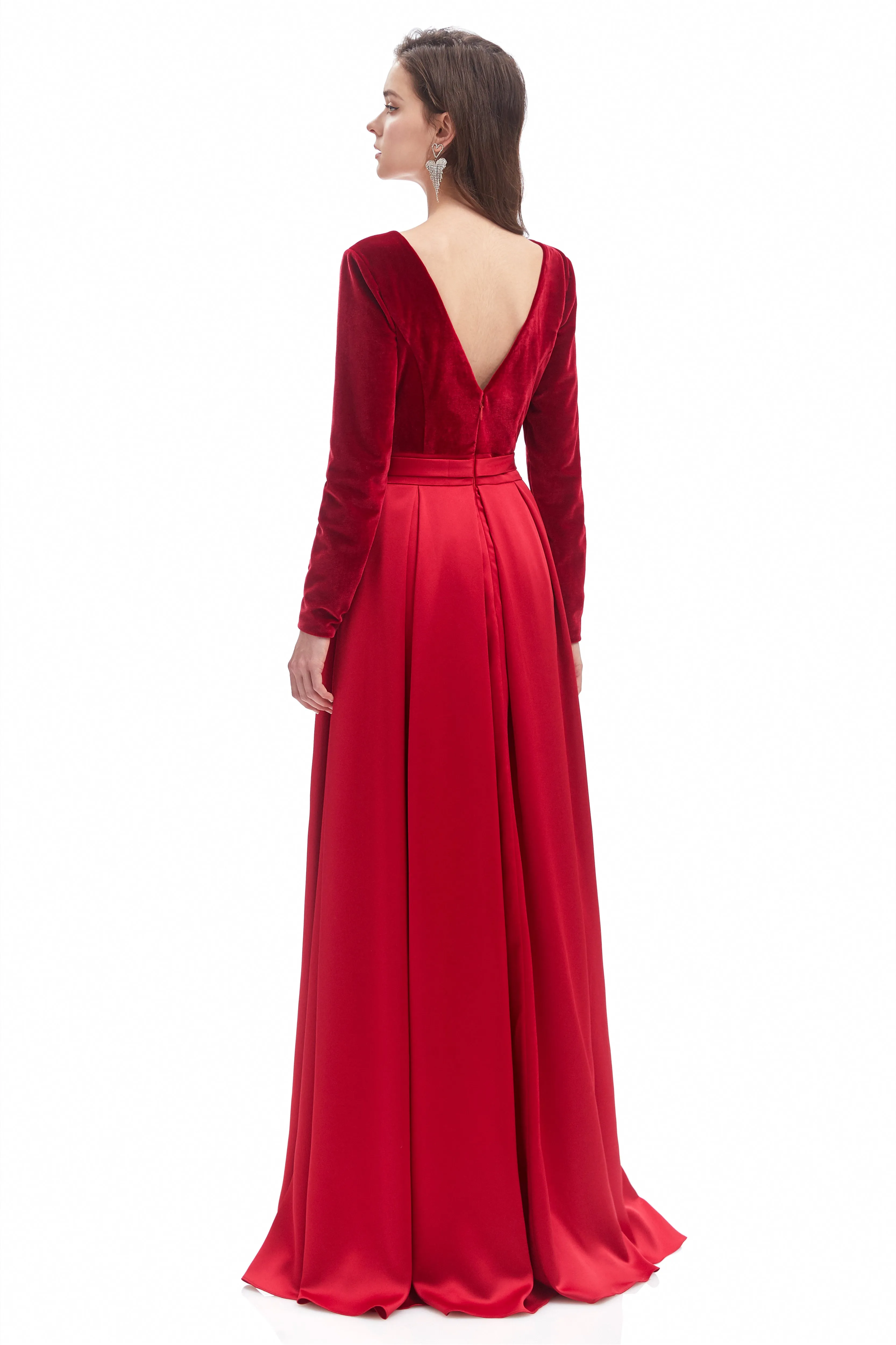 Mermaid V-neck High Split Floor-length Long Sleeve Open Back Prom Dress