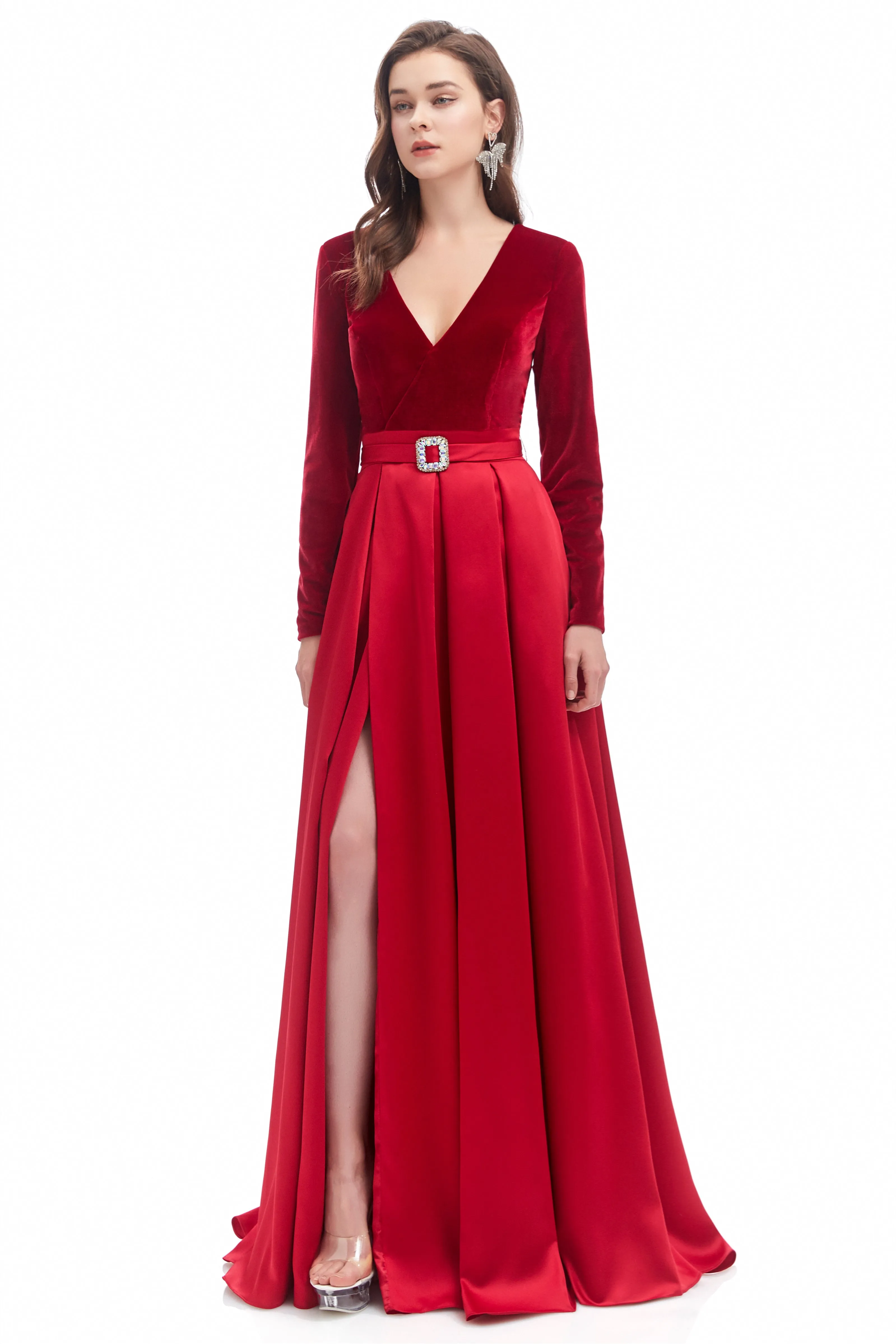 Mermaid V-neck High Split Floor-length Long Sleeve Open Back Prom Dress