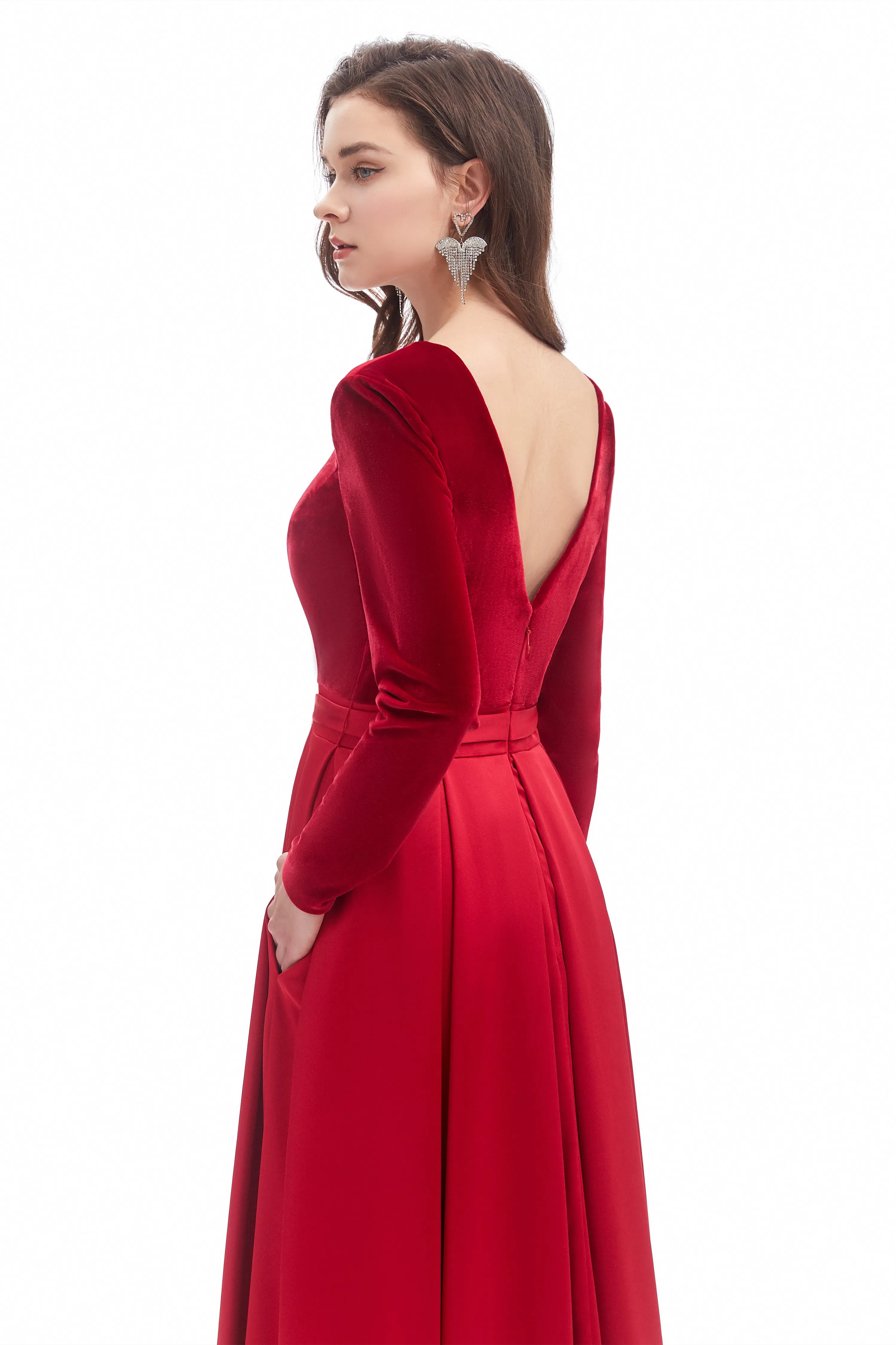 Mermaid V-neck High Split Floor-length Long Sleeve Open Back Prom Dress