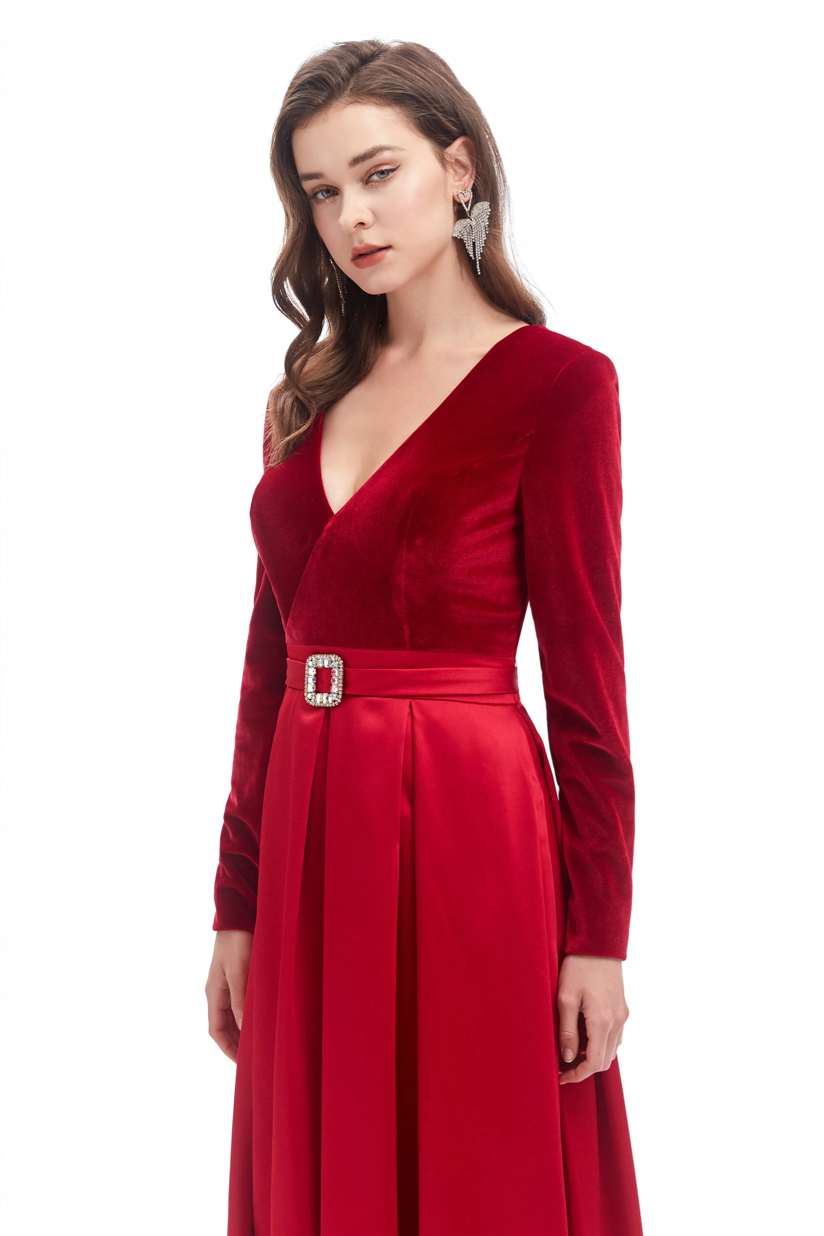 Mermaid V-neck High Split Floor-length Long Sleeve Open Back Prom Dress