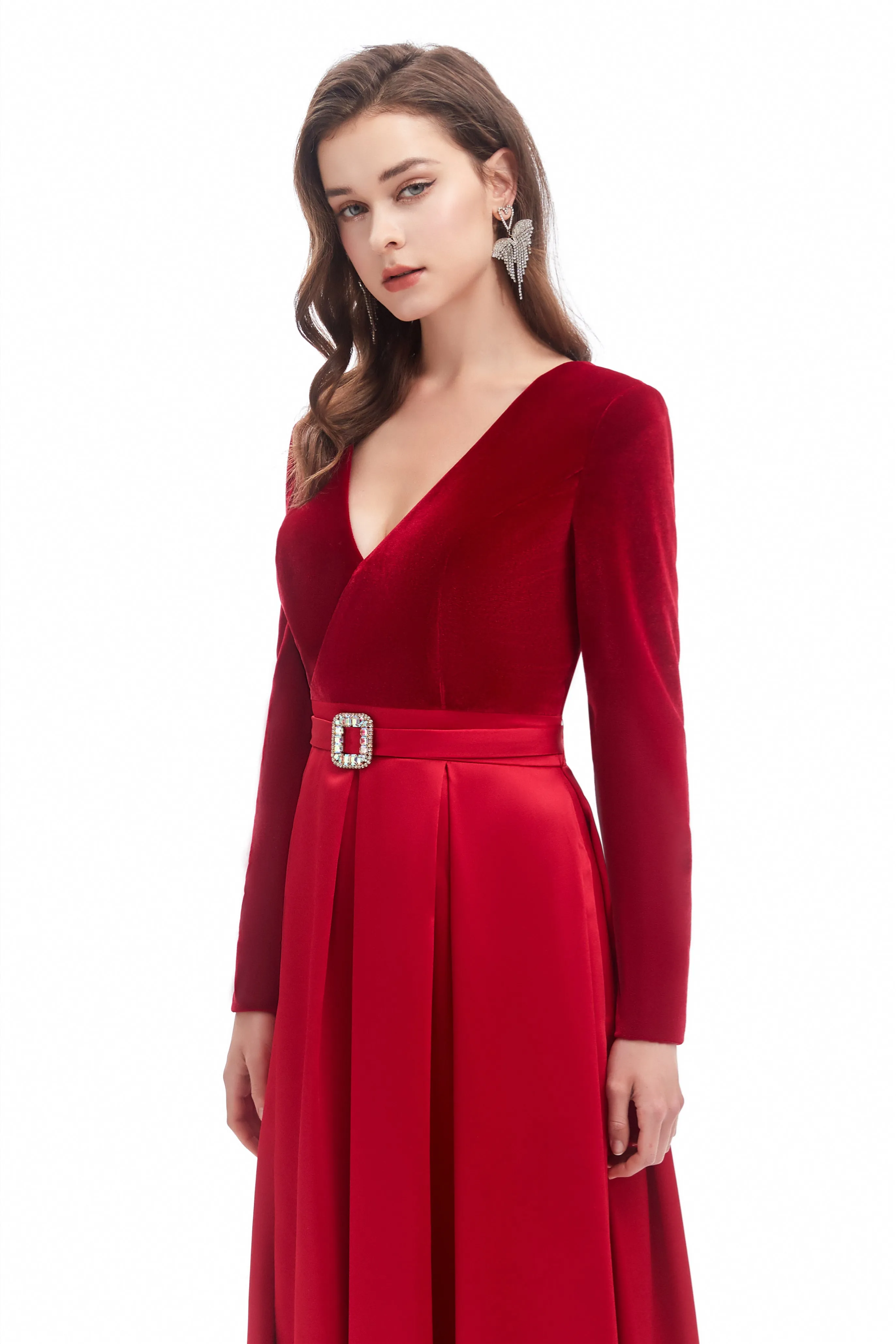 Mermaid V-neck High Split Floor-length Long Sleeve Open Back Prom Dress
