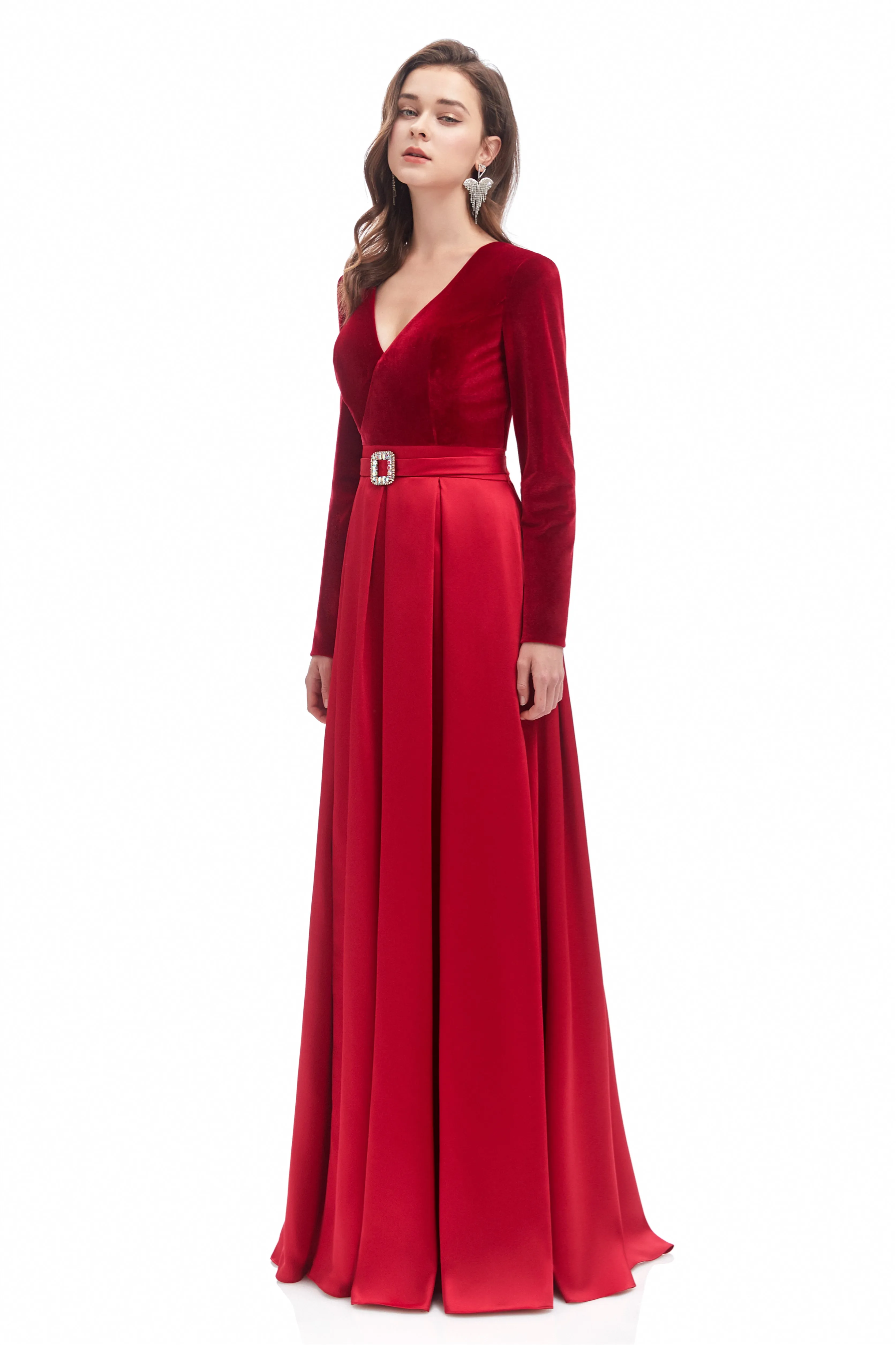 Mermaid V-neck High Split Floor-length Long Sleeve Open Back Prom Dress