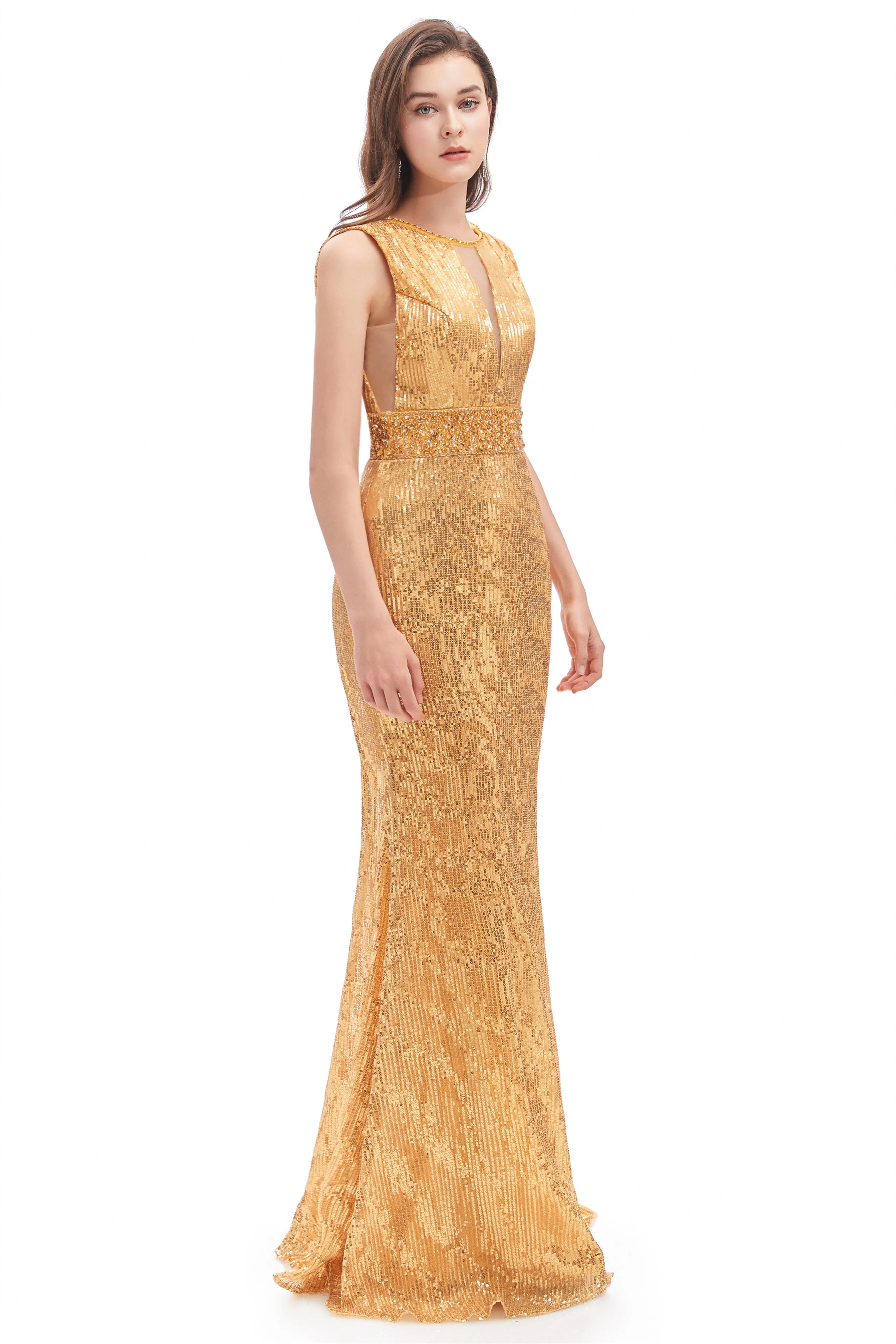 Mermaid V-neck High Split Sequined Floor-length Sleeveless Prom Dress