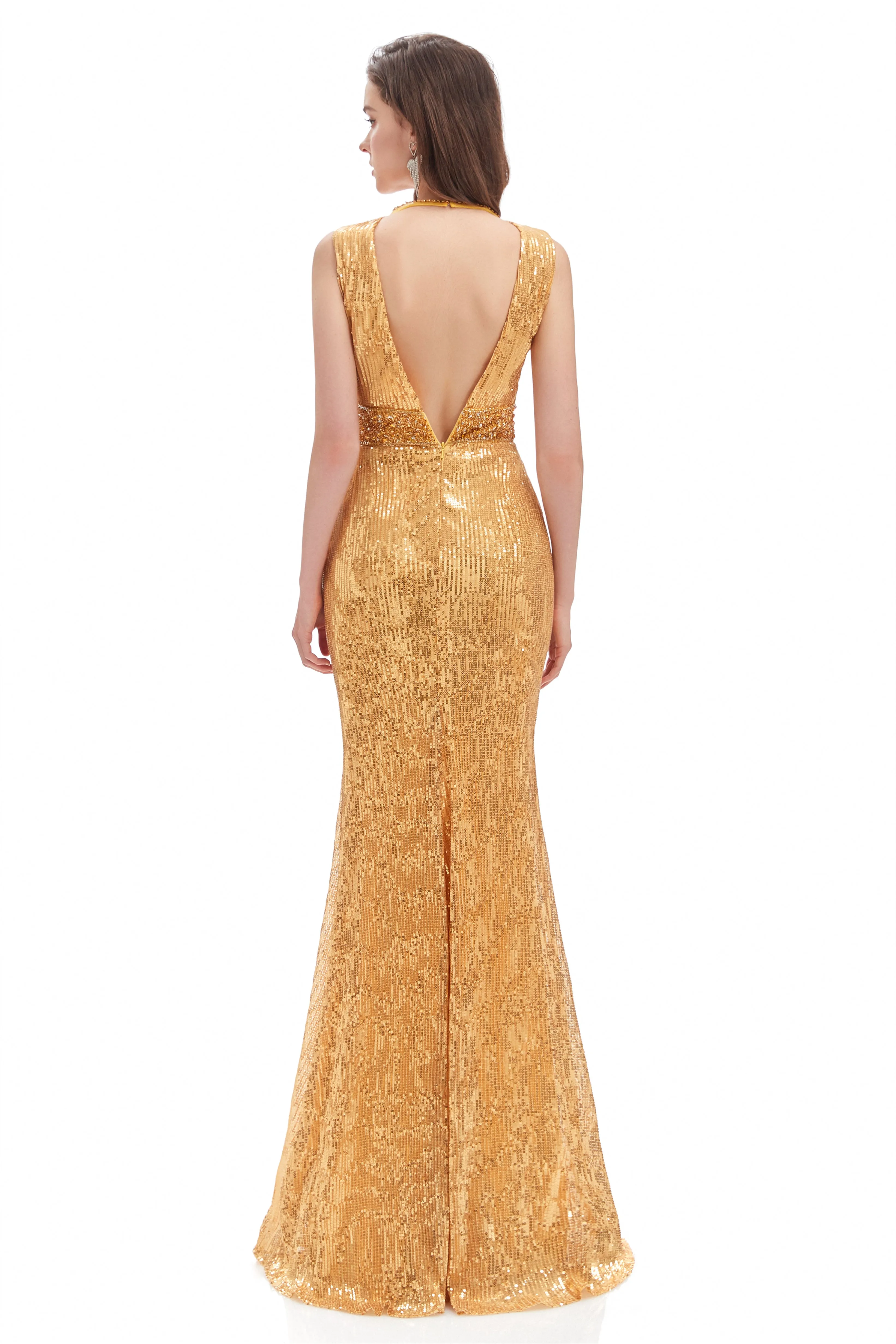 Mermaid V-neck High Split Sequined Floor-length Sleeveless Prom Dress