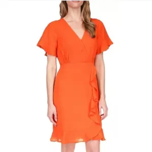 Michael Kors Women's Faux-Wrap Mini Dress,  Optic Orange Sizes M &amp; XL