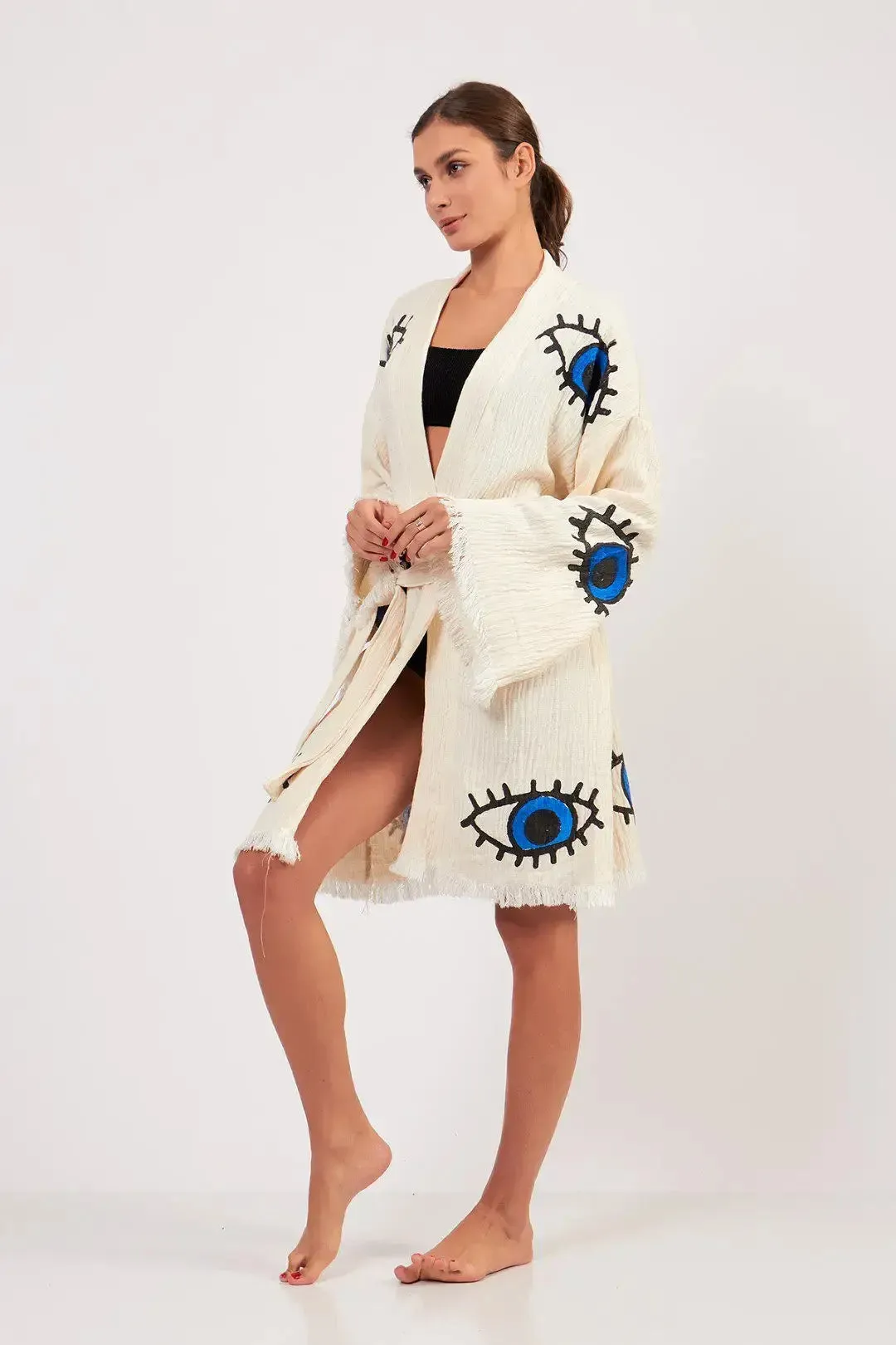 MIDI EVIL EYE KIMONO- WHITE