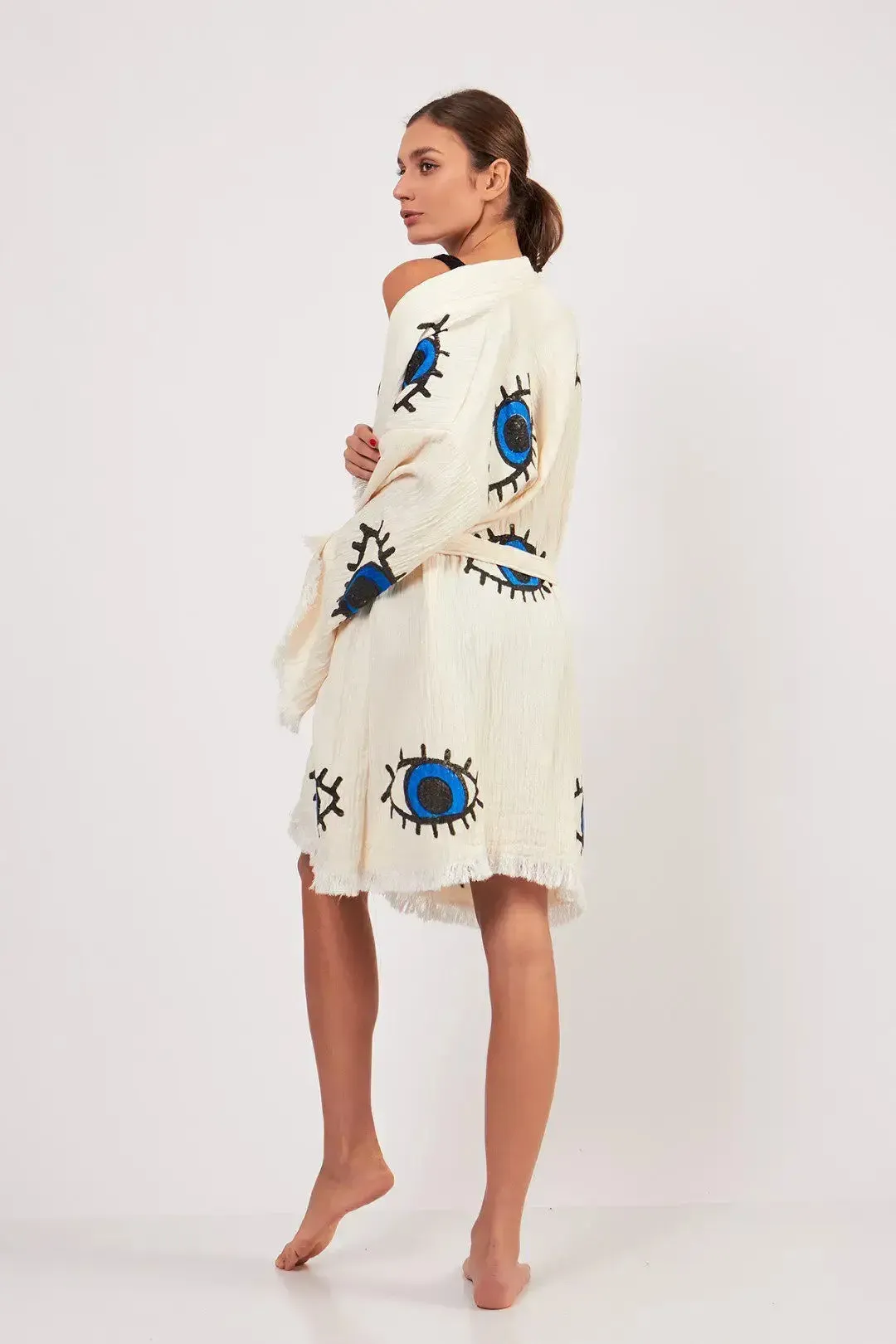 MIDI EVIL EYE KIMONO- WHITE