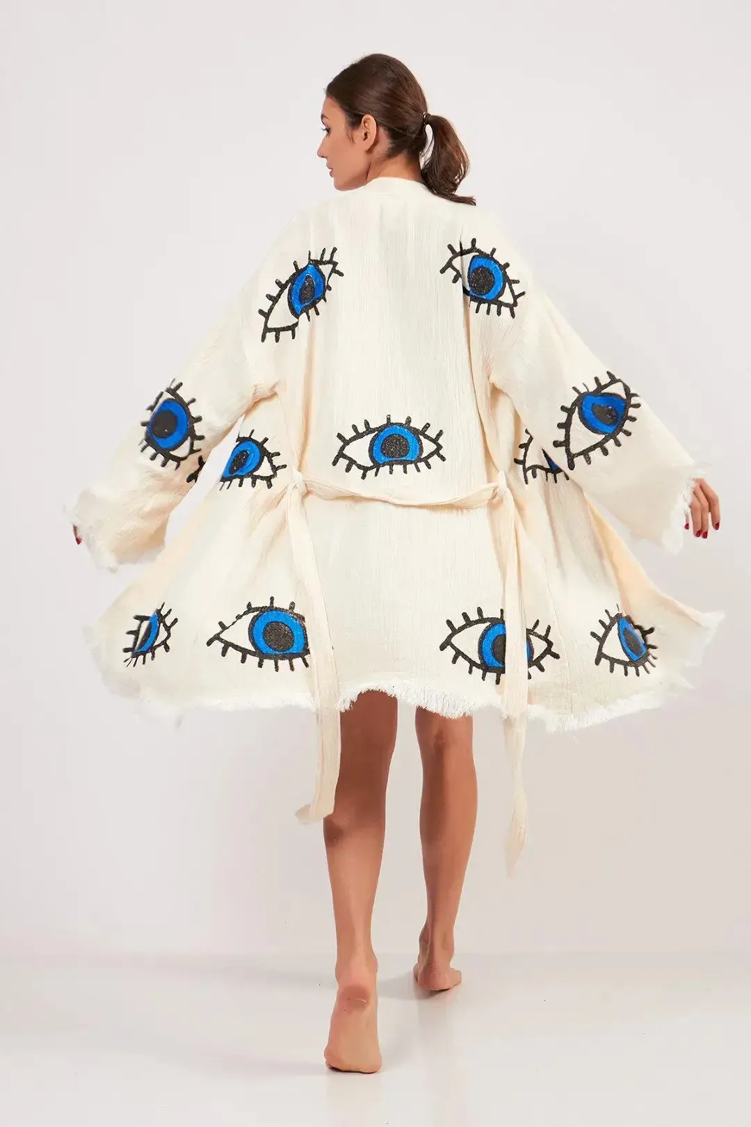 MIDI EVIL EYE KIMONO- WHITE