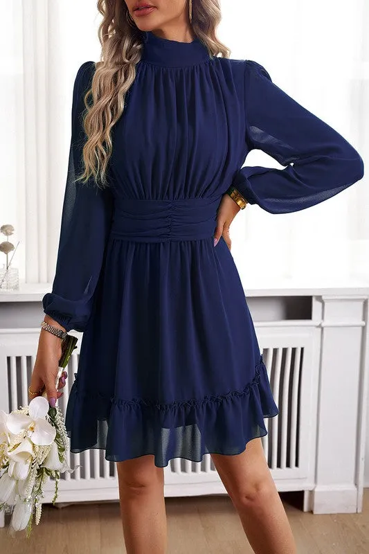 Mock Neck Ruched Belt Dress