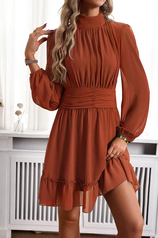 Mock Neck Ruched Belt Dress