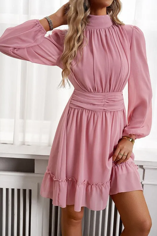 Mock Neck Ruched Belt Dress