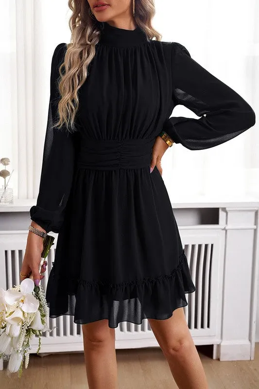 Mock Neck Ruched Belt Dress