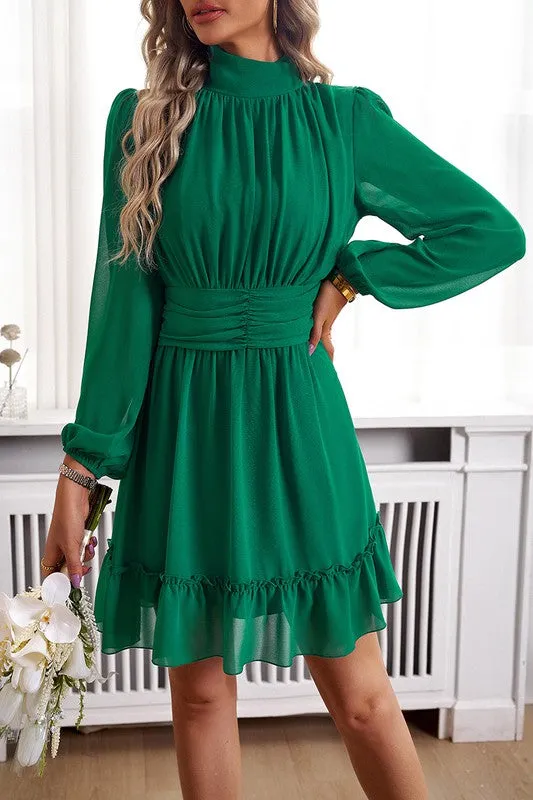Mock Neck Ruched Belt Dress