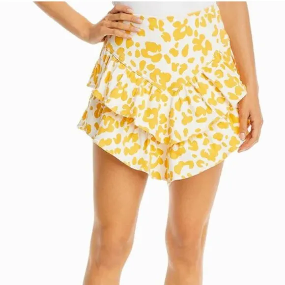 Mother The Ruffle Ruffle Dyed Denim Denim Skirt Yellow Floral Leopard