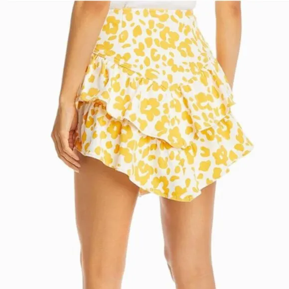 Mother The Ruffle Ruffle Dyed Denim Denim Skirt Yellow Floral Leopard