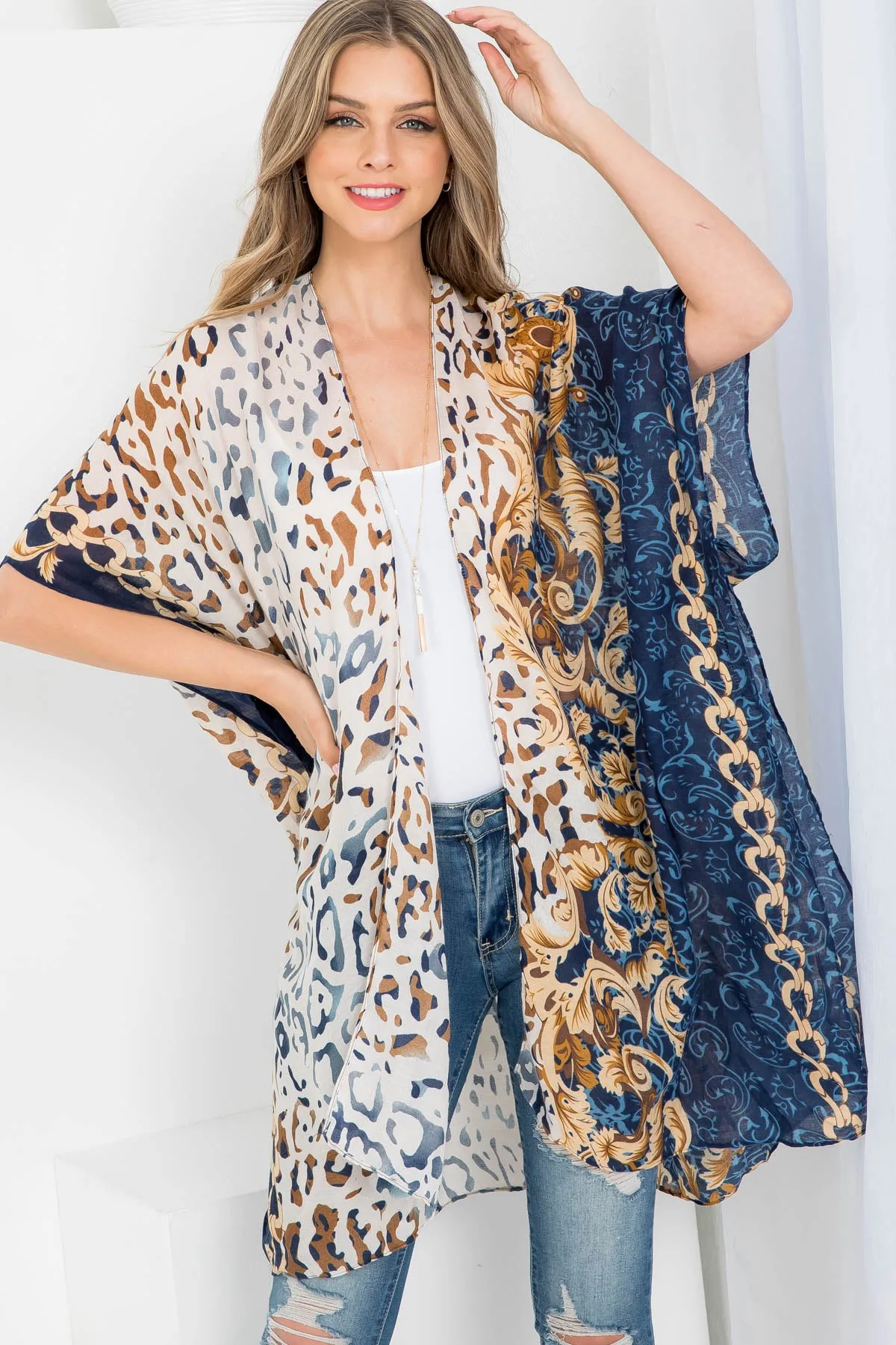 MULTI PATTERN LEOPARD PRINT OPEN FRONT KIMONO