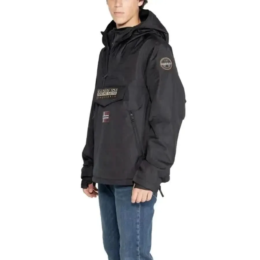 Napapijri Men's Black Hooded Jacket with Print and Front Pockets