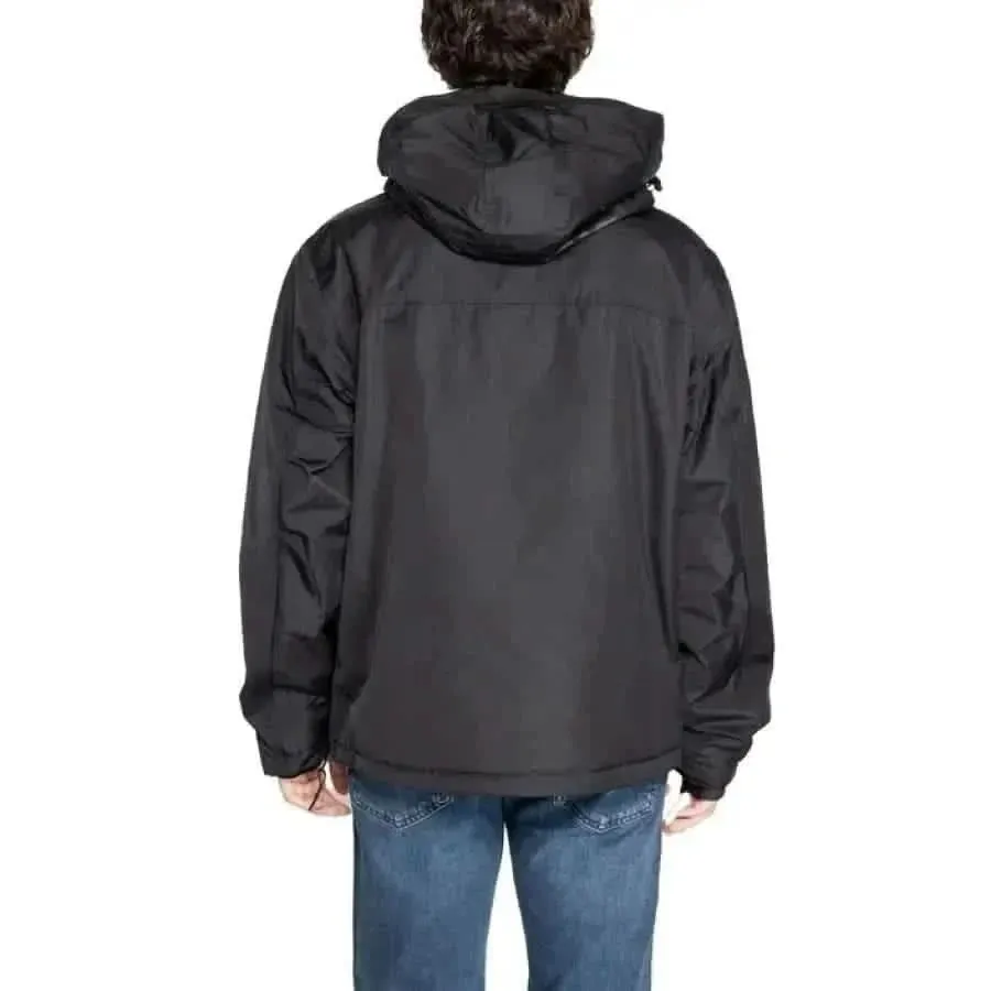 Napapijri Men's Black Hooded Jacket with Print and Front Pockets