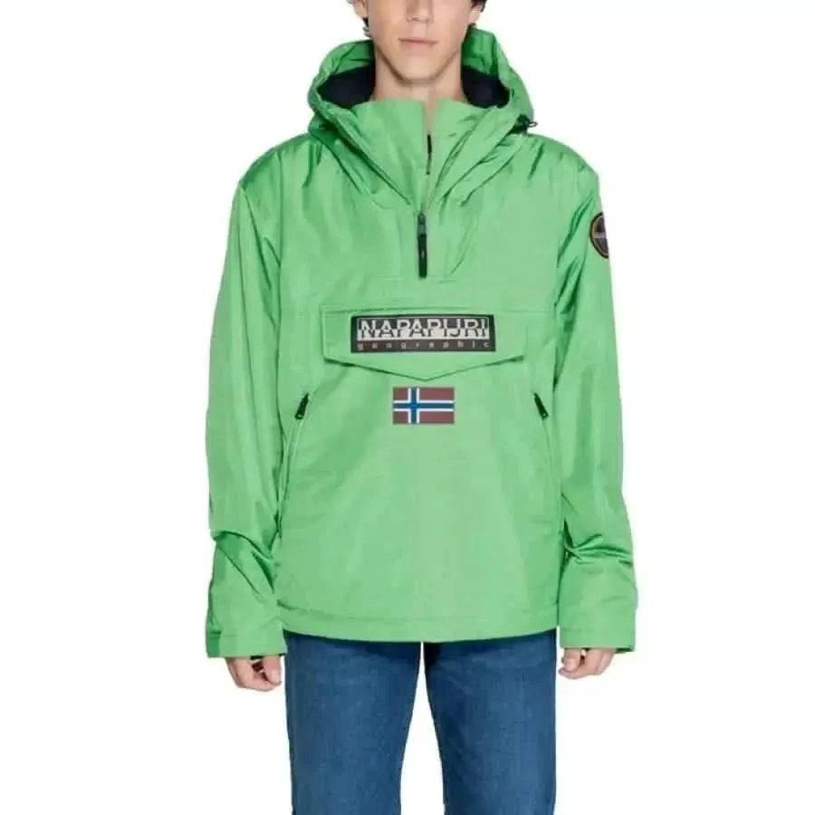 Napapijri Men's Black Hooded Jacket with Print and Front Pockets