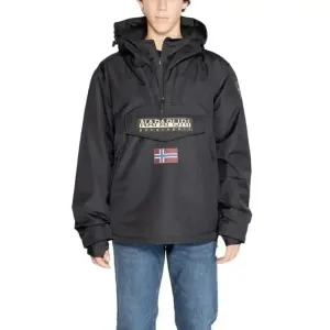 Napapijri Men's Black Hooded Jacket with Print and Front Pockets