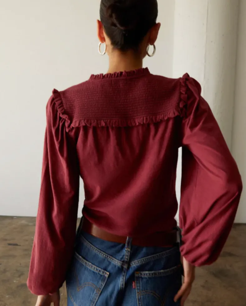 Nation LTD - Dolly Long Sleeve Smocked V Neck Top - Curtain Call