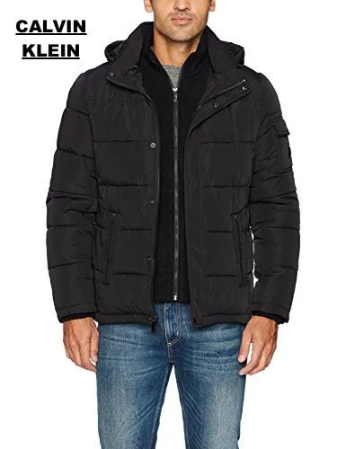 New with tags! Calvin Klein mens Alternative Down Puffer Jacket With Bib & Hood Windbreaker Jacket, Black, Sz M!